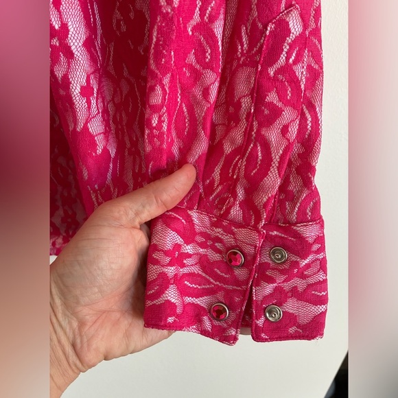 Wrangler Riding Top Women XXL Hot Pink Lace Rhinestone Snap Front - Picture 3 of 8